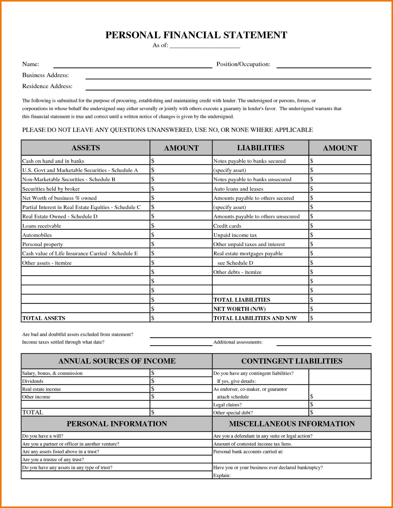 002 Personal Financial Statement Template Ideas Rare Excel With Regard To Blank Personal Financial Statement Template