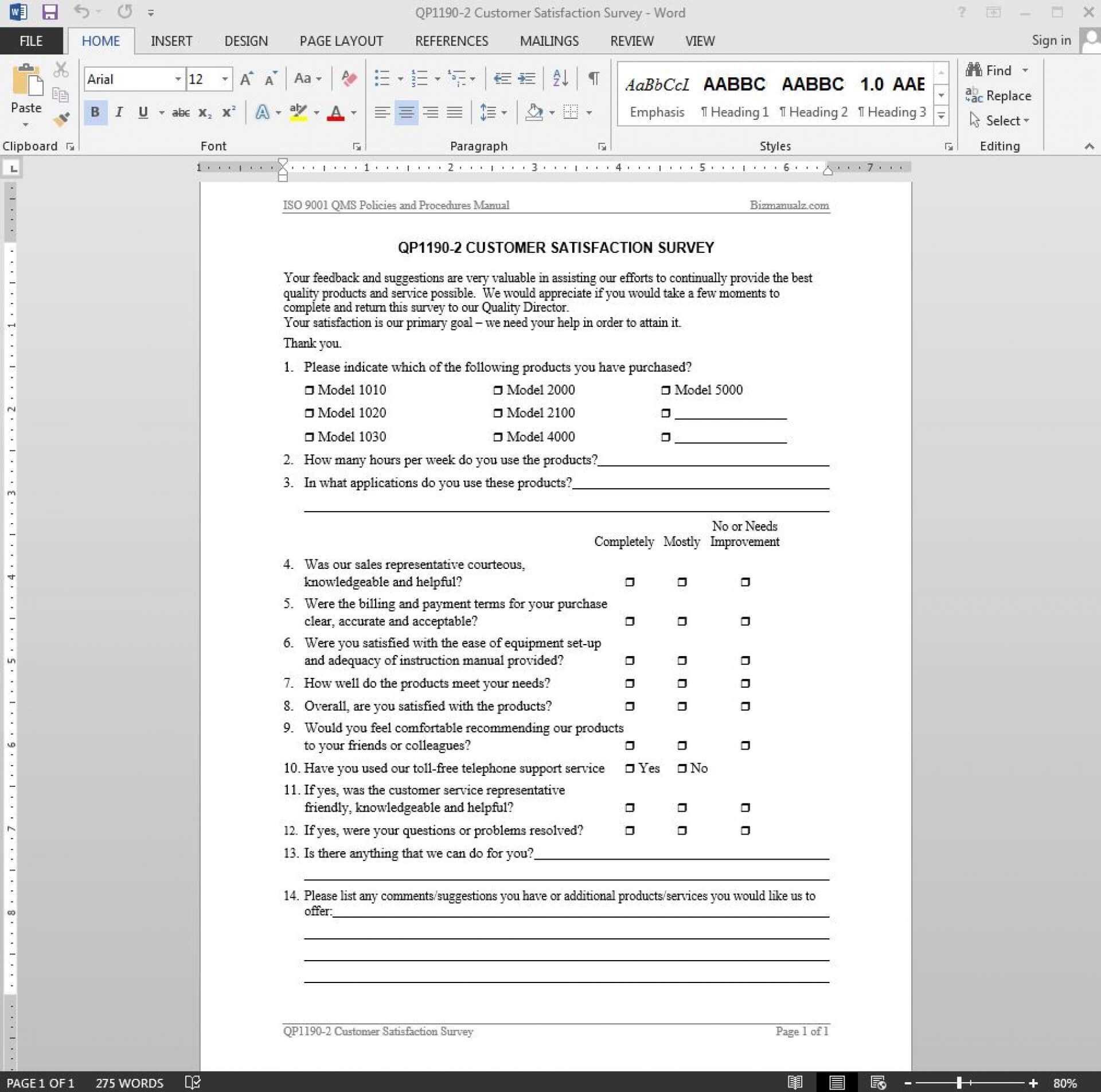 043 Pm1070 Customer Satisfaction Survey Template Word With Regard To Questionnaire Design Template Word