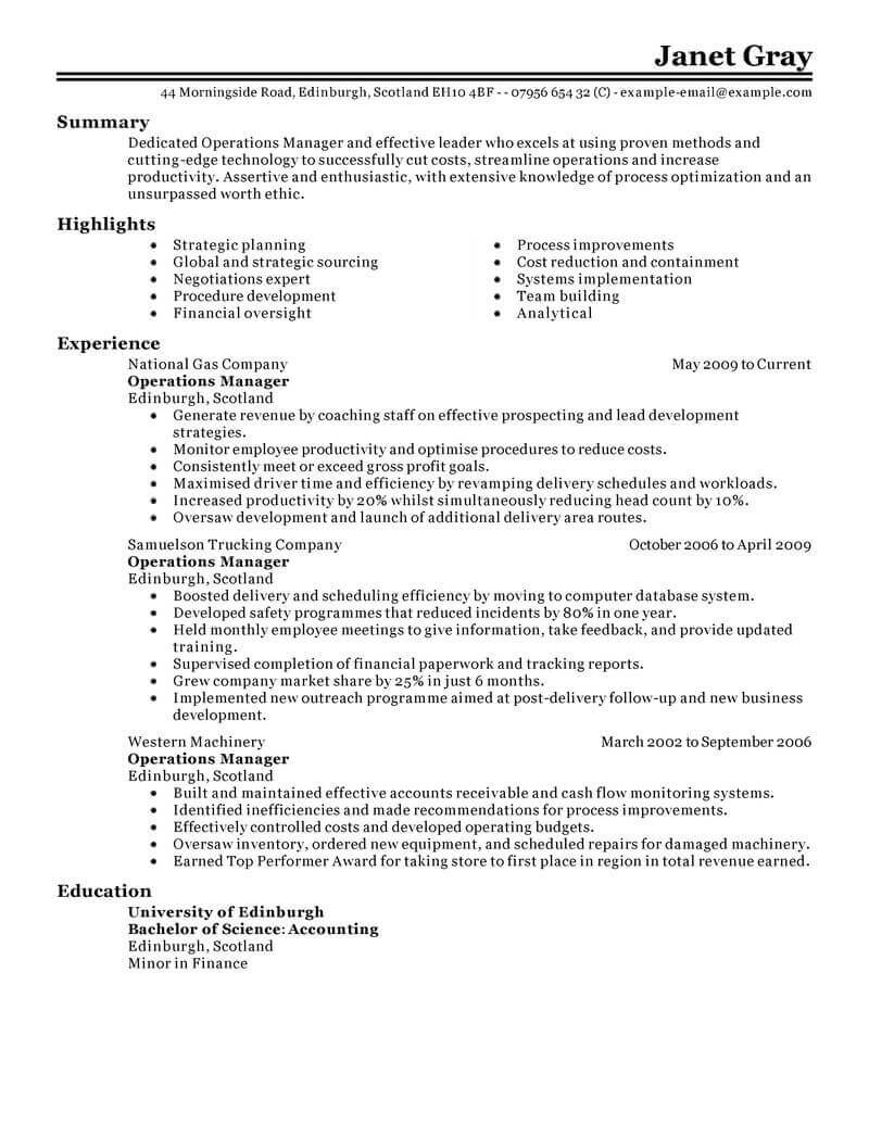 11 Amazing Management Resume Examples | Livecareer With Regard To Operations Manager Report Template