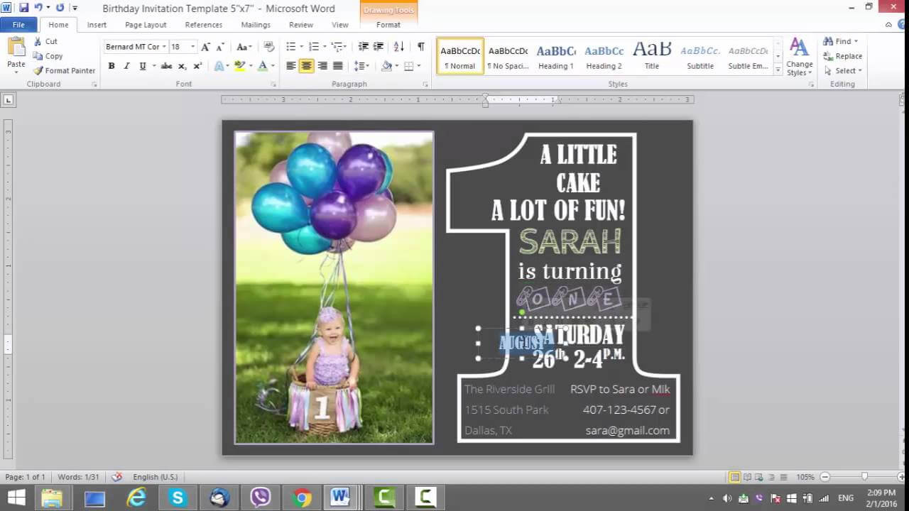 1St Birthday Invitation Template For Ms Word In Microsoft Word Birthday Card Template