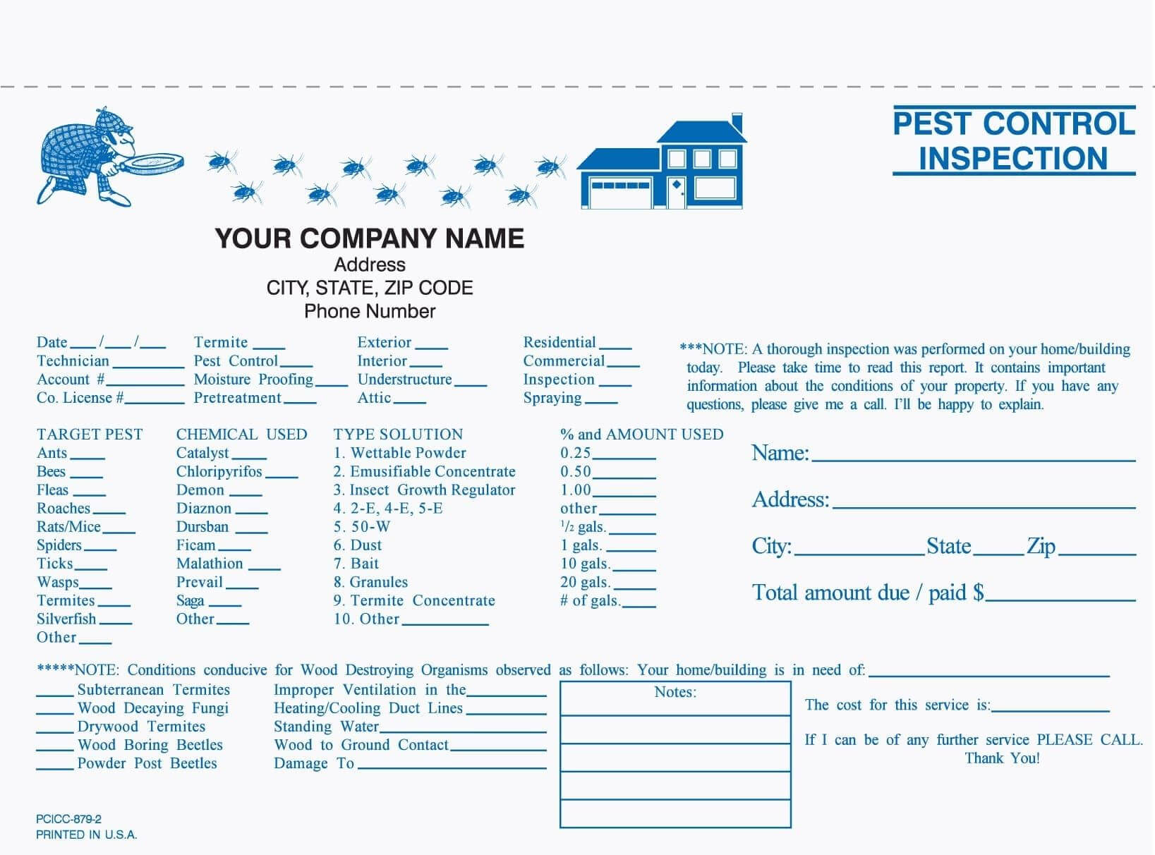 2 Part Pest Control Inspection Form, Carbonless | Pest Intended For Pest Control Inspection Report Template