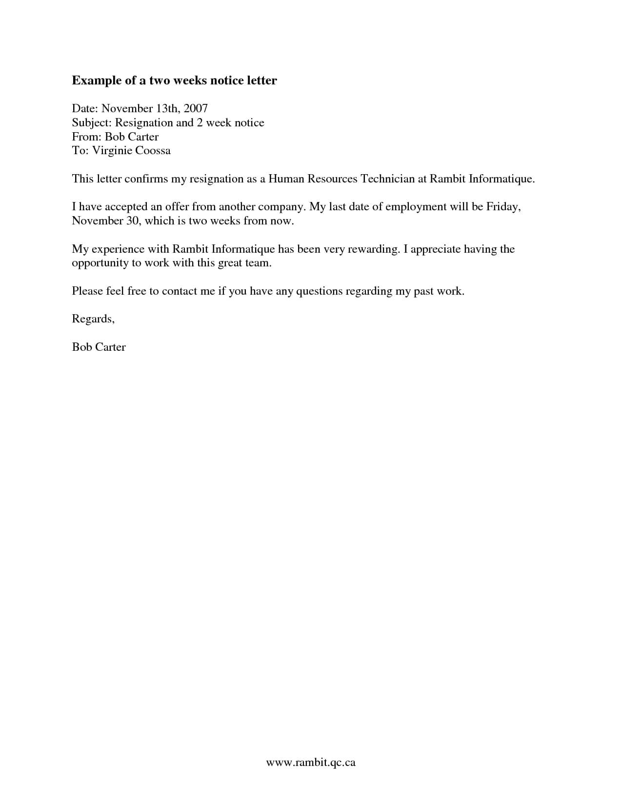 2 Weeks Notice Letter Resignation Letter Week Notice With Regard To Two Week Notice Template Word