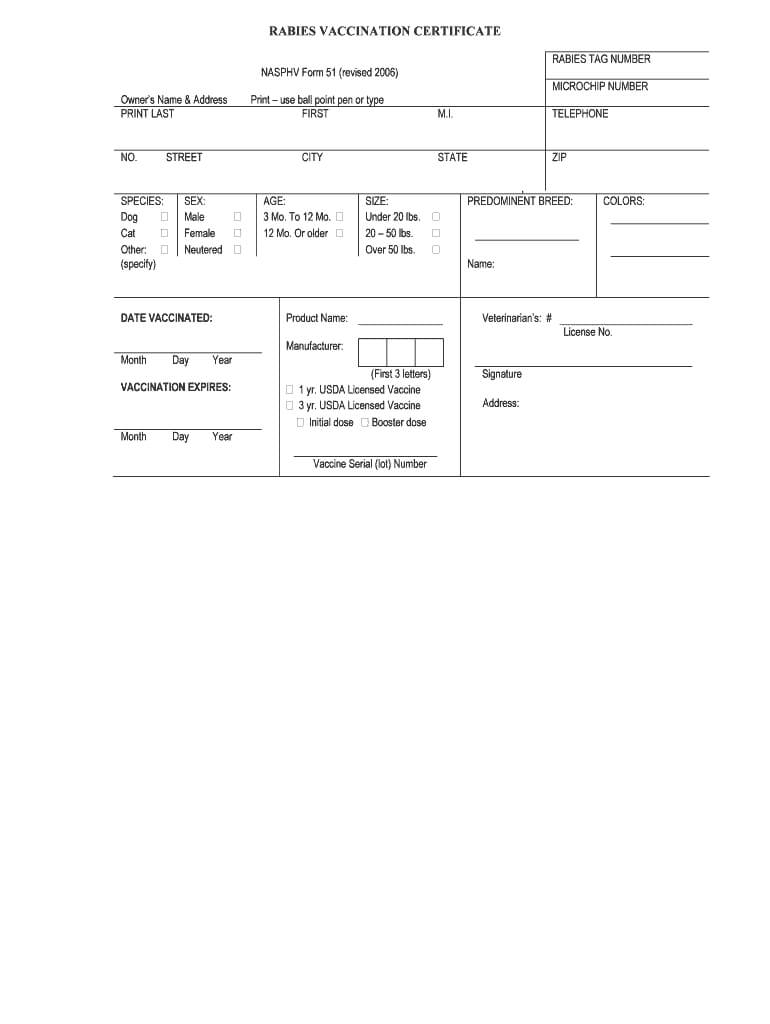 2006 Cdc Nasphv Form 51 Fill Online, Printable, Fillable Throughout Rabies Vaccine Certificate Template