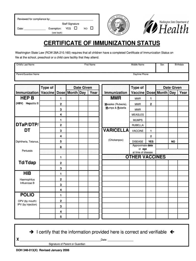 2006 Form Wa Doh 348 013 Fill Online, Printable, Fillable With Certificate Of Vaccination Template