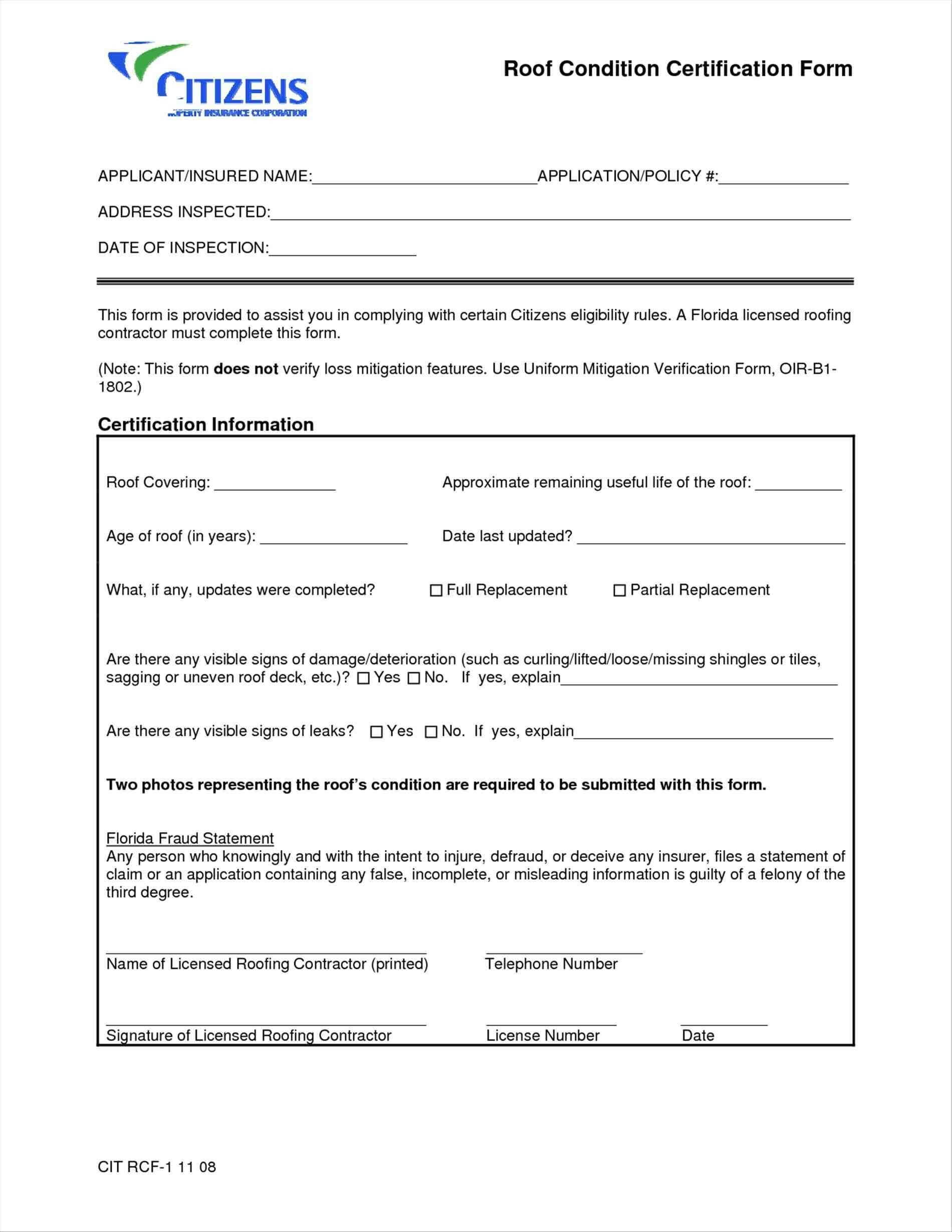 2008 Form Citizens Rcf 1 Fill Online Printable Fillable Pertaining To Roof Certification Template