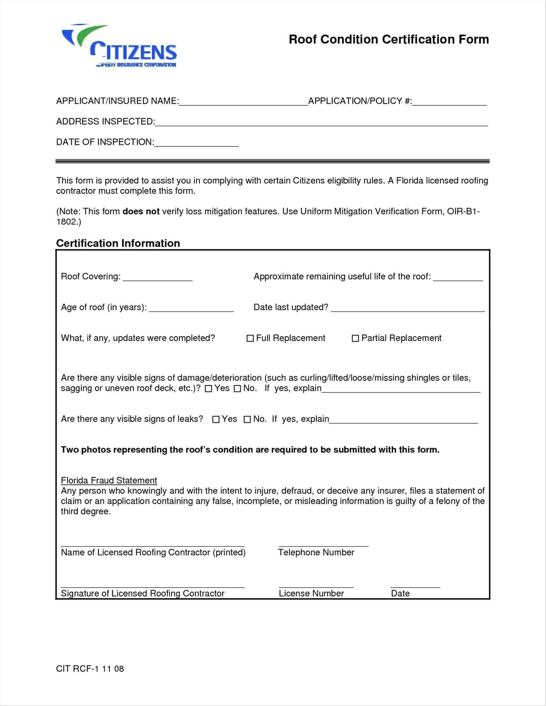 2008 Form Citizens Rcf 1 Fill Online Printable Fillable Pertaining To Roof Certification Template