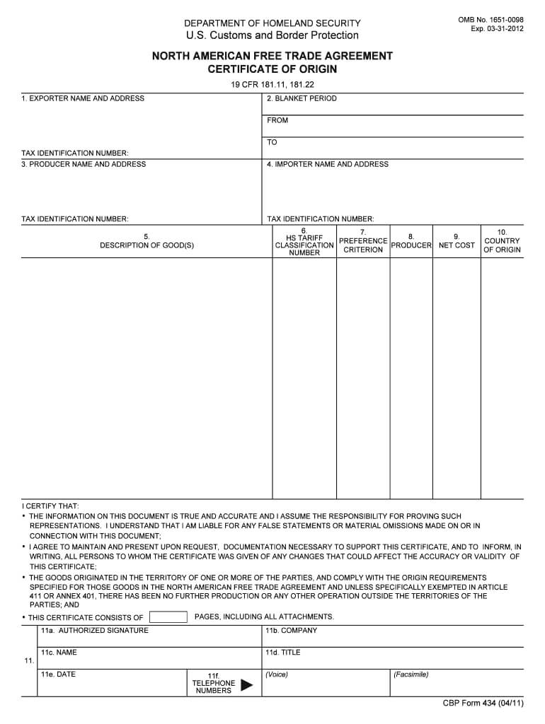 2011 Form Cbp 434 Fill Online, Printable, Fillable, Blank For Nafta Certificate Template