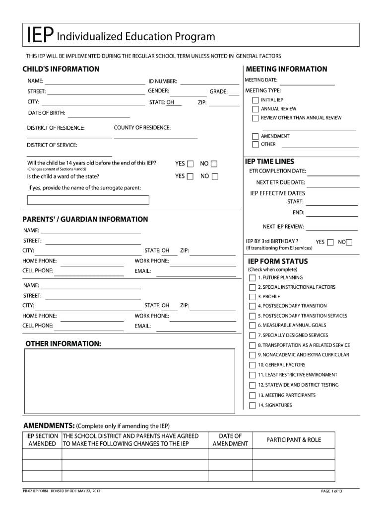 2012 2019 Form Oh Pr 07 Iep Fill Online, Printable, Fillable With Blank Iep Template