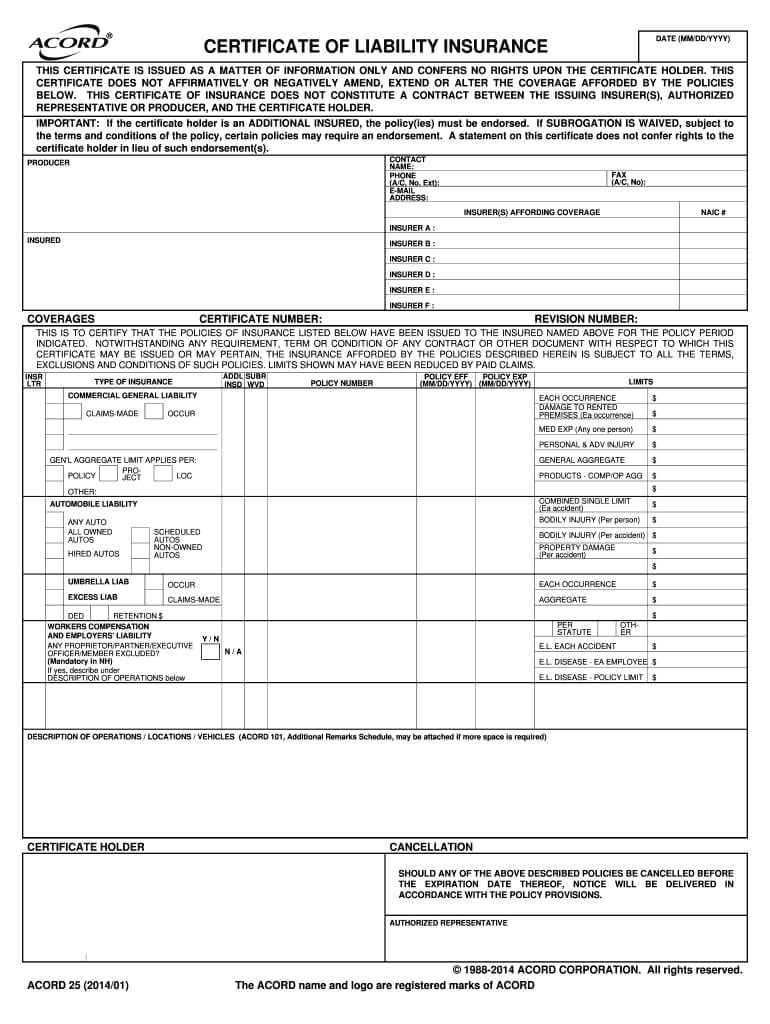 2014 2019 Form Acord 25 Fill Online, Printable, Fillable In Certificate Of Liability Insurance Template