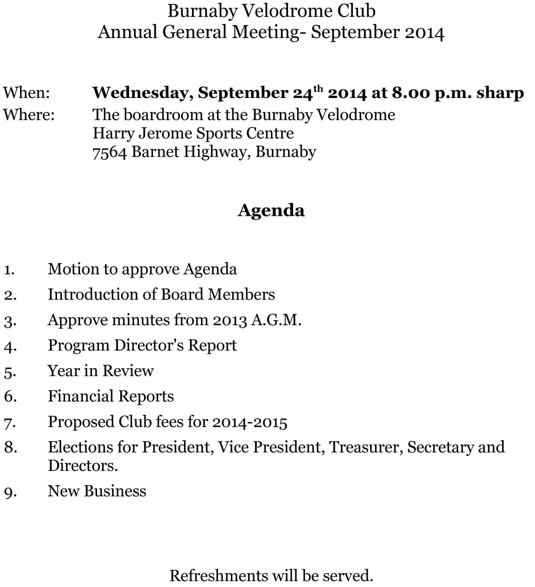 2014 Annual General Meeting – Burnaby Velodrome Club Pertaining To Treasurer's Report Agm Template