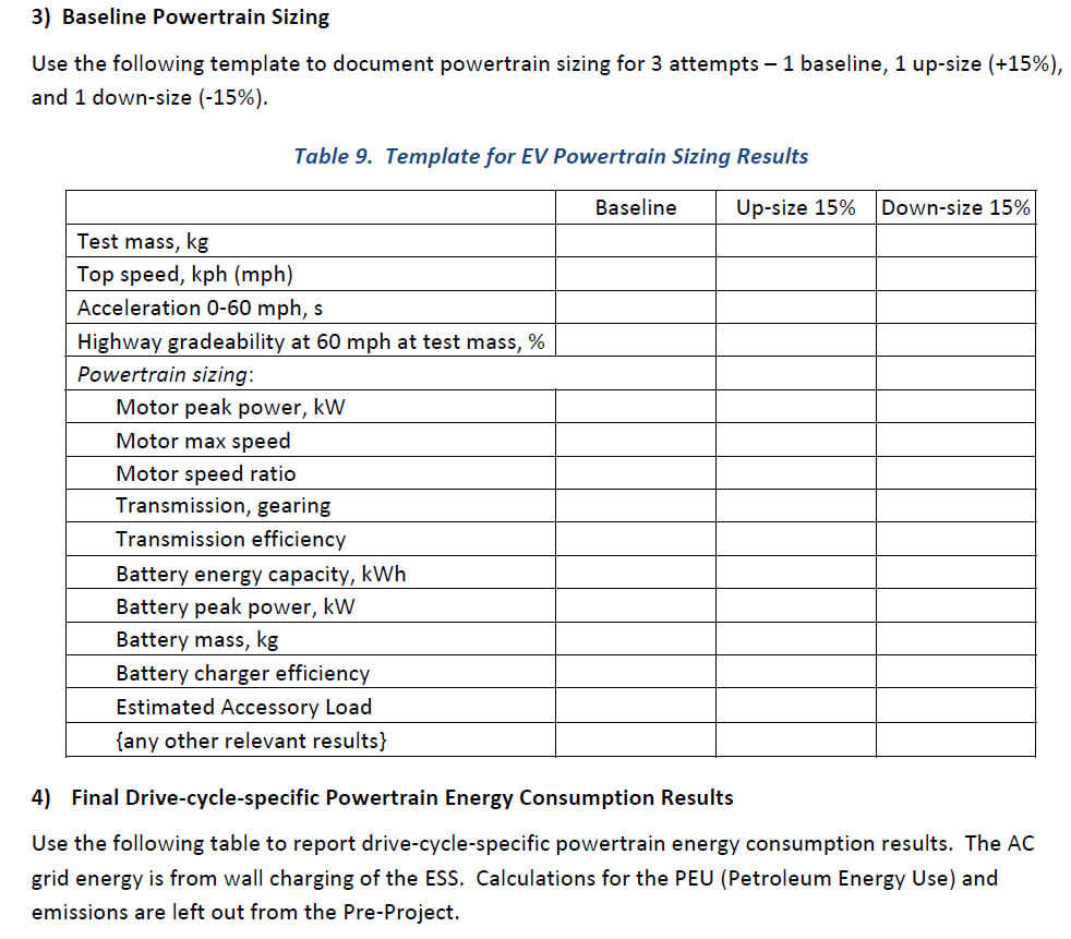 3) Baseline Powertrain Sizing Use The Following Te Pertaining To Baseline Report Template