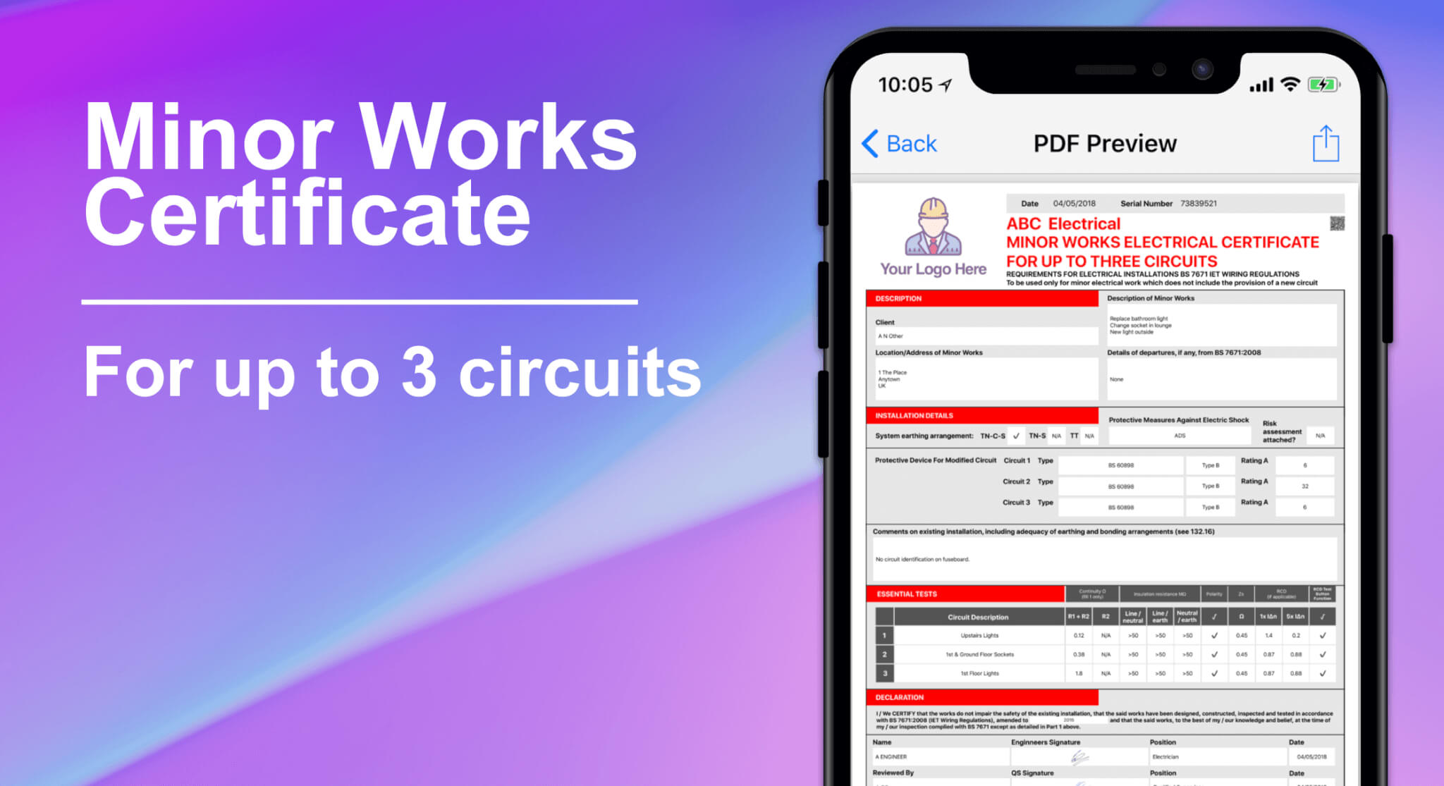 3 Circuit Minor Works Electrical Certificate – Icertifi Intended For Electrical Minor Works Certificate Template