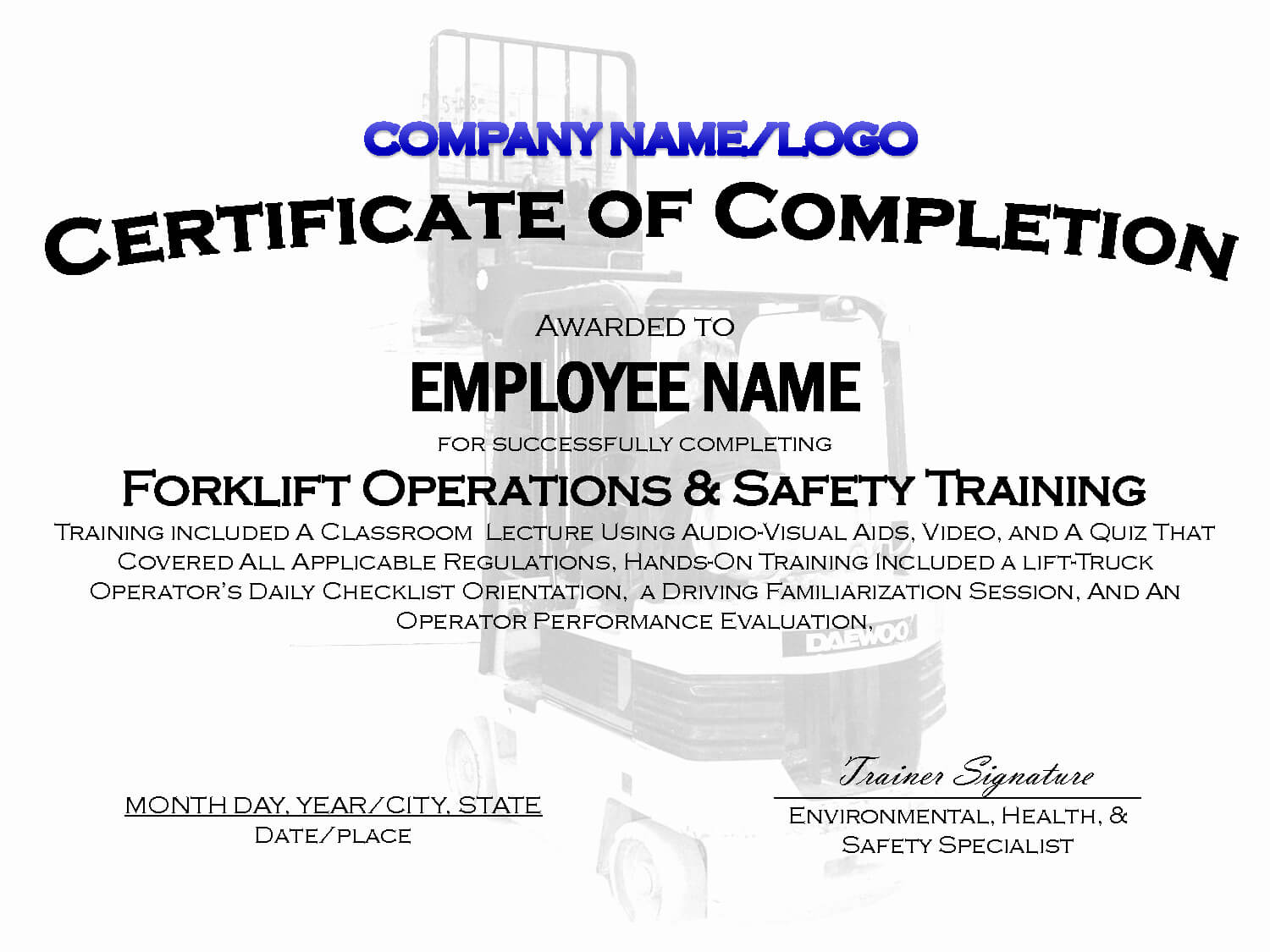 30 Forklift Operator Certificate Template Pryncepality in Safe