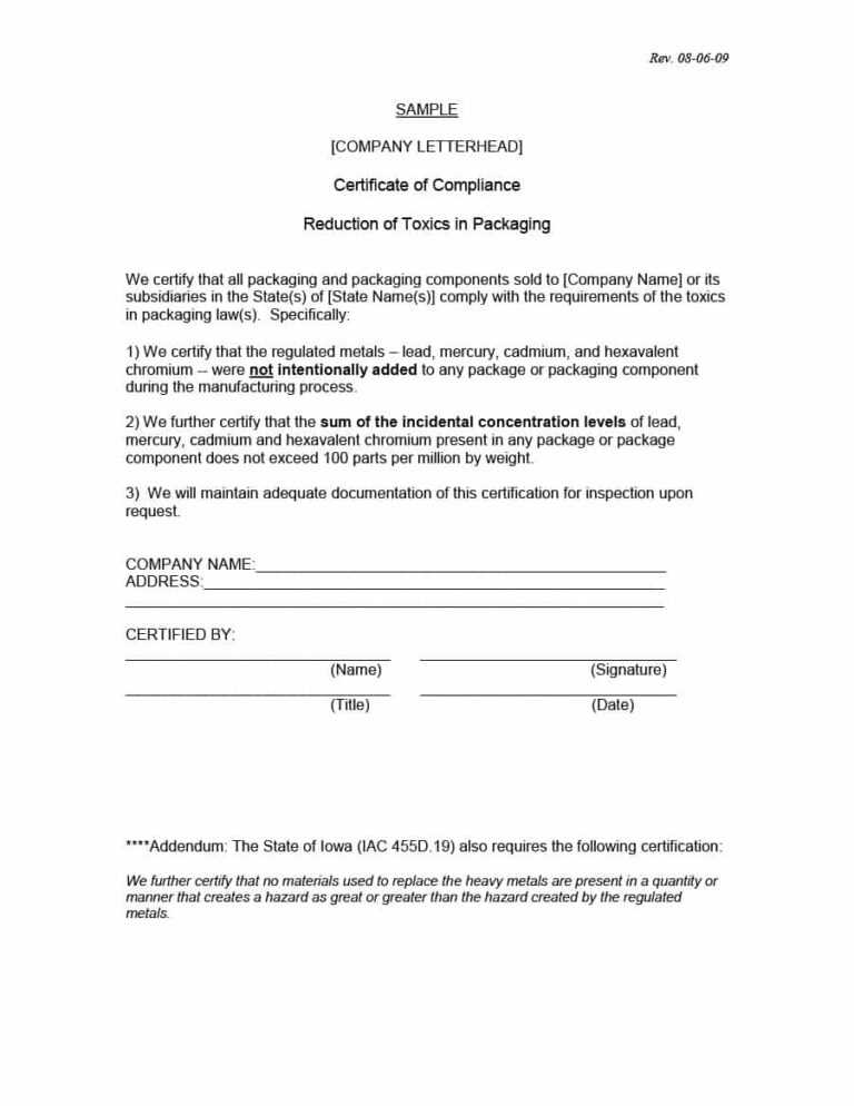 Certificate Of Conformance Template Free