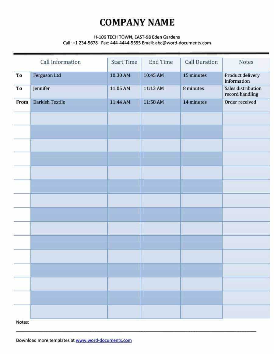 40+ Printable Call Log Templates In Microsoft Word And Excel Intended For Blank Call Sheet Template