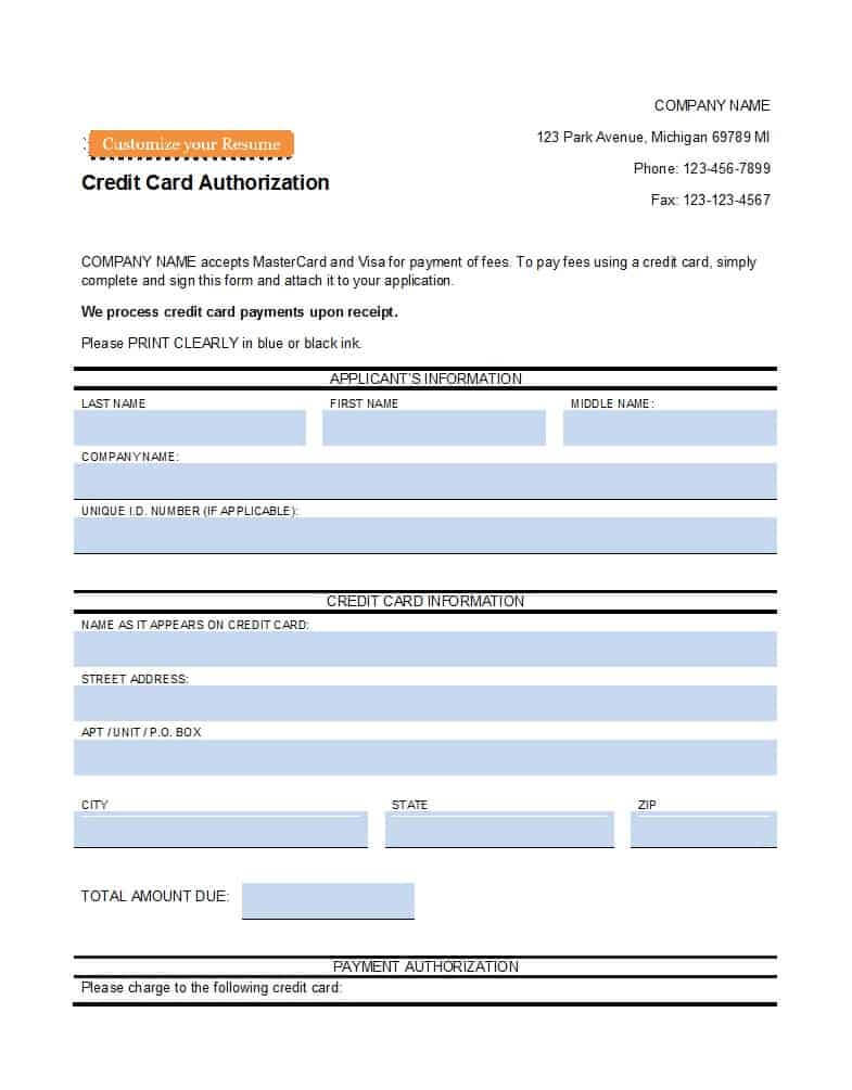 41 Credit Card Authorization Forms Templates {Ready To Use} Regarding Credit Card On File Form Templates