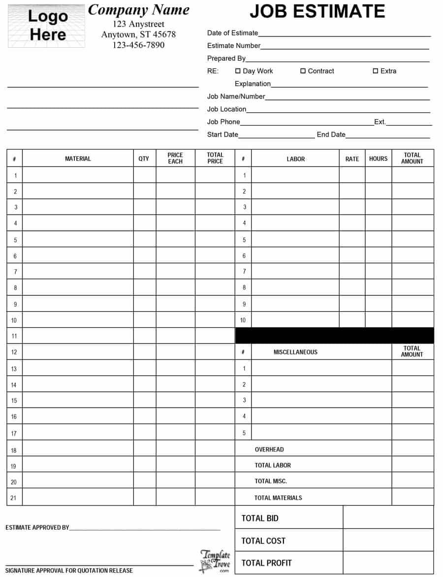 44 Free Estimate Template Forms [Construction, Repair With Blank Estimate Form Template