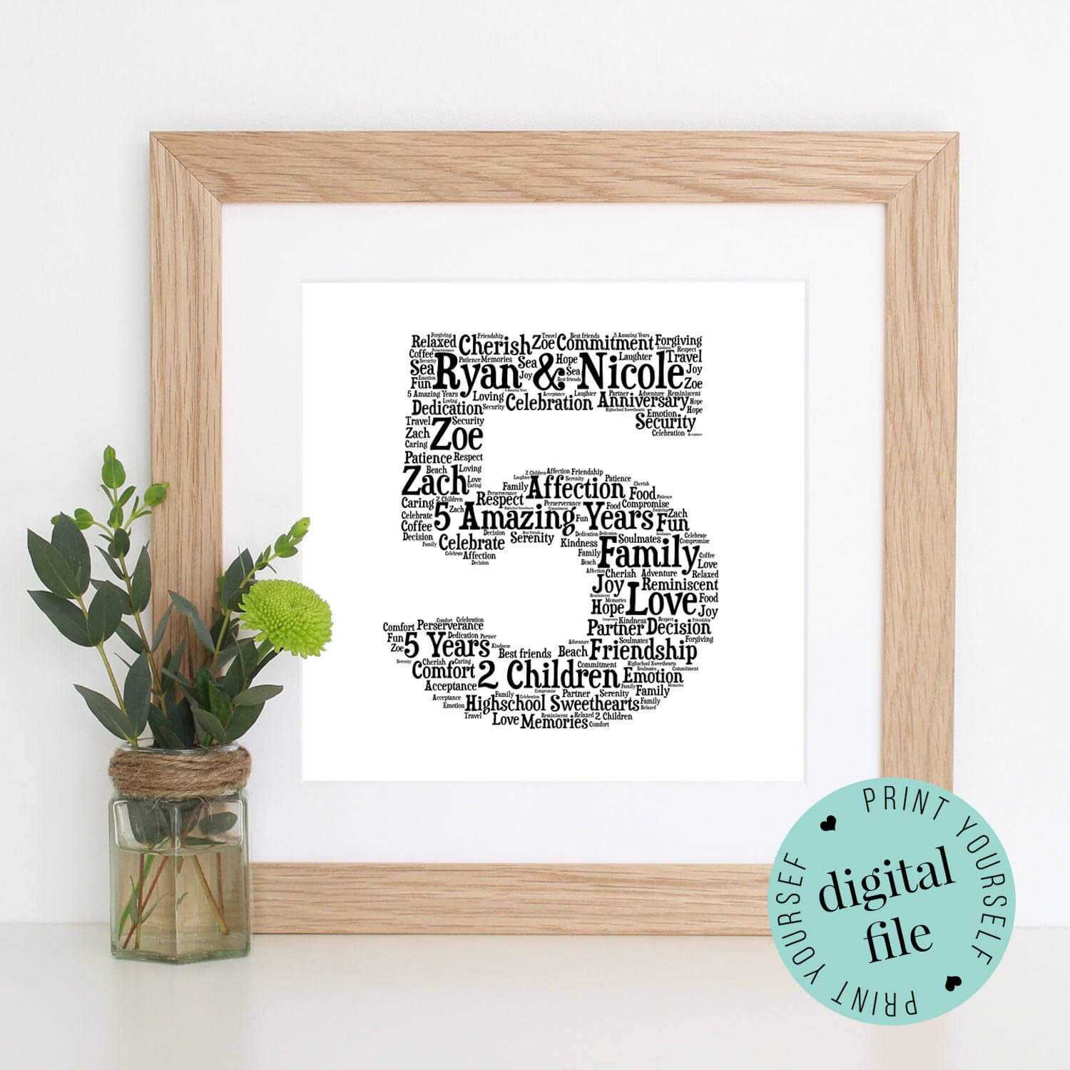 5Th Anniversary Gift – Word Art – Printable Gift – 5 Year Within Anniversary Card Template Word