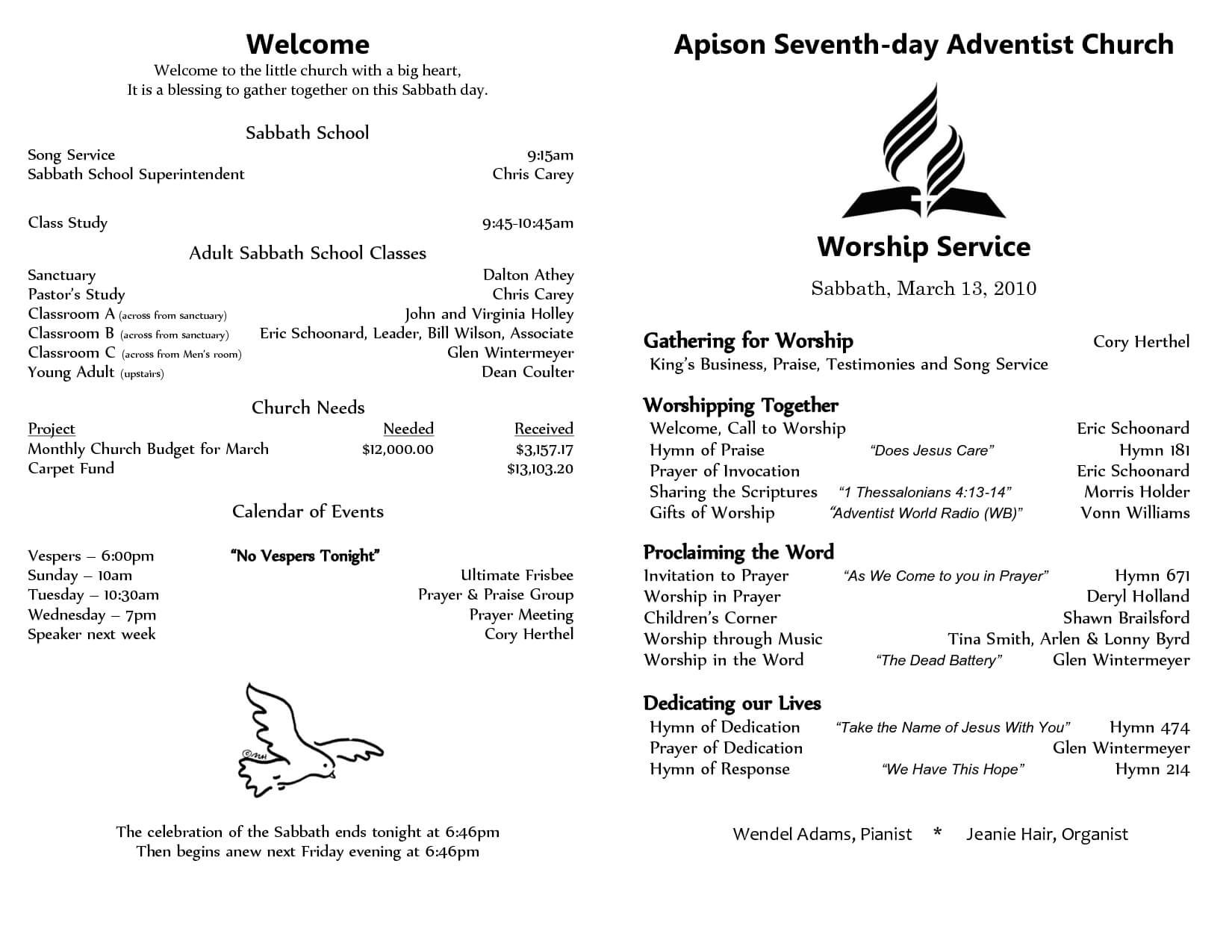 6 Awesome Seventh Day Adventist Church Bulletin Templates With Regard To Church Program Templates Word