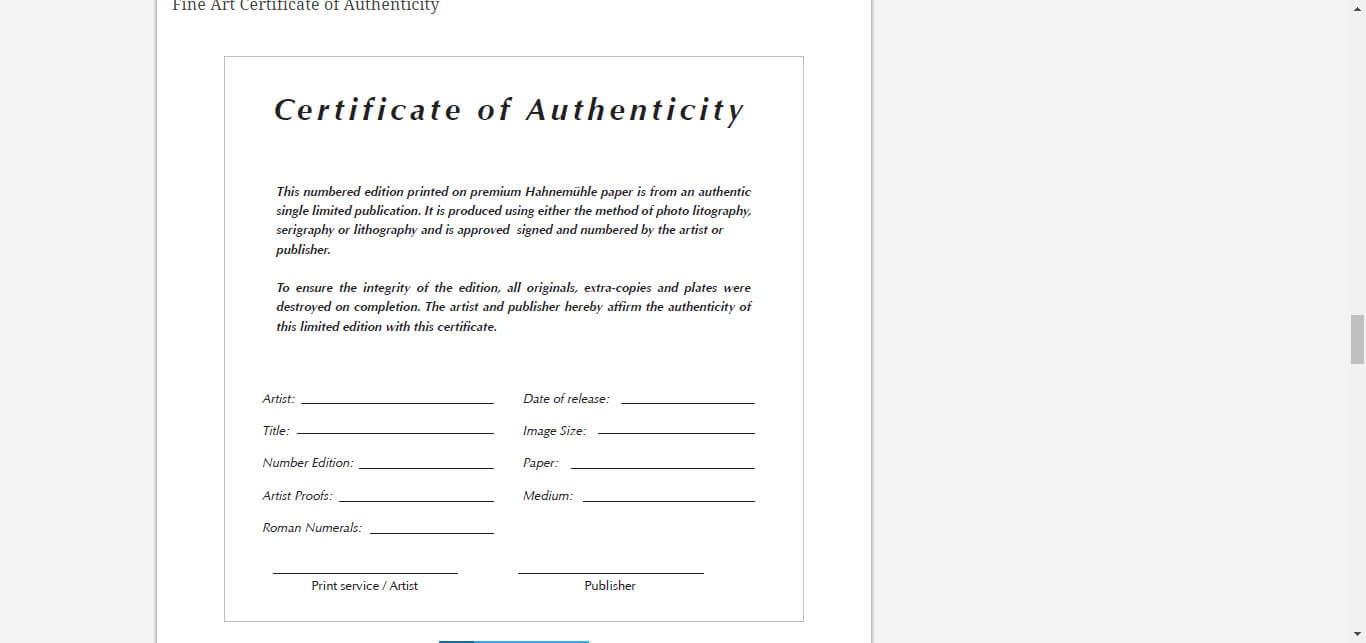 8 Certificate Of Authenticity Templates – Free Samples Inside Art Certificate Template Free