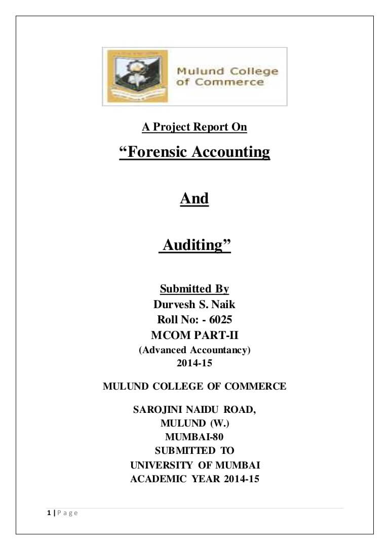 A Project Report On Forensic Accounting And Auditing Intended For Forensic Accounting Report Template