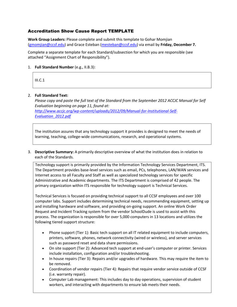 Accreditation Show Cause Report Template Work Group Leaders Inside Technical Support Report Template