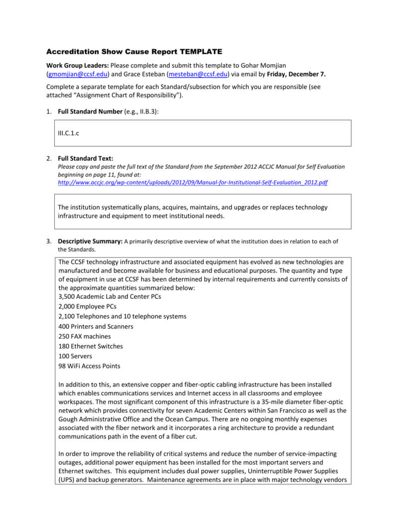 Accreditation Show Cause Report Template Work Group Leaders Throughout Reliability Report Template