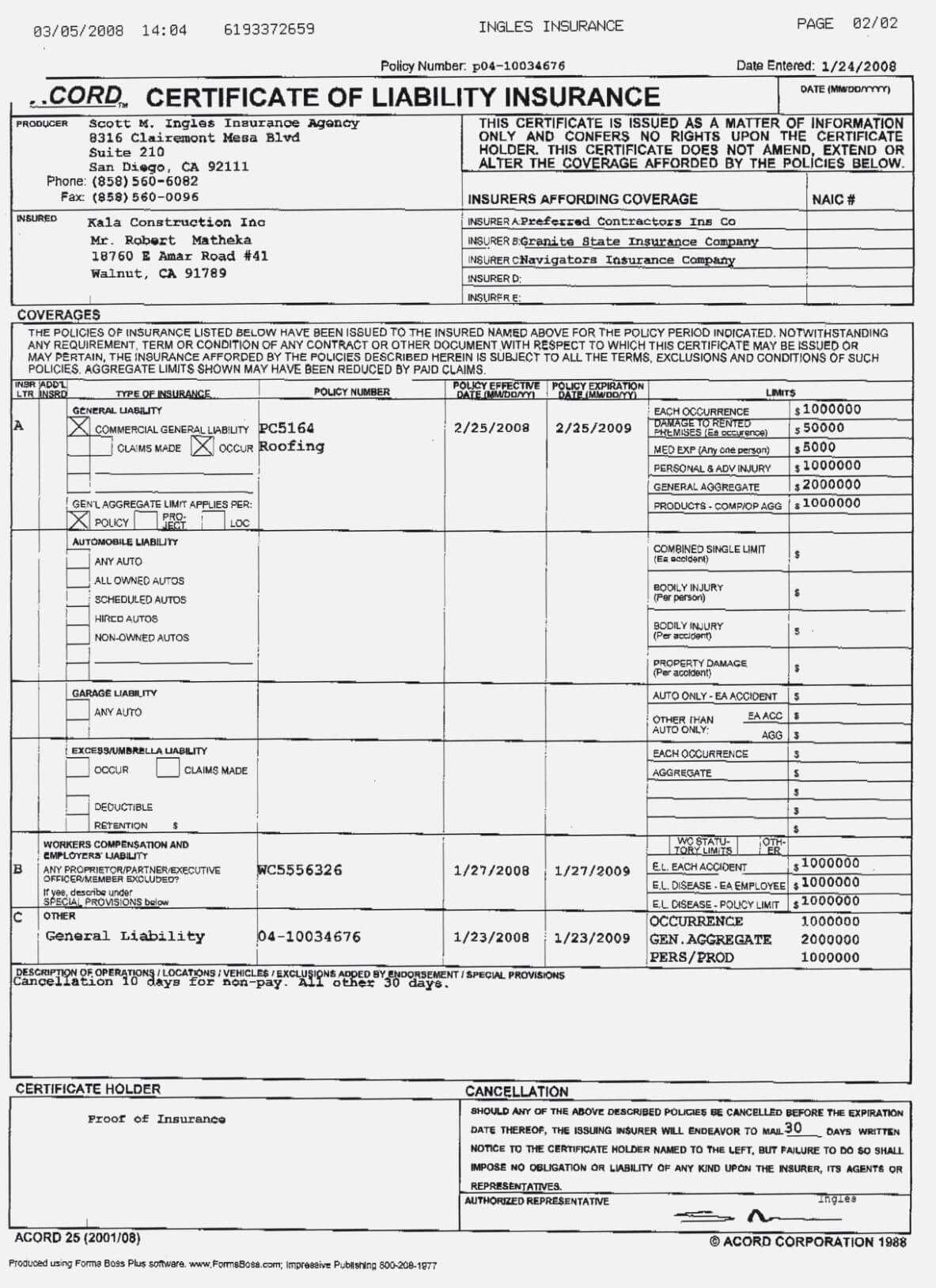 Acord 14 Certificate Of Liability Insurance Form Awesome With Regard To Certificate Of Liability Insurance Template