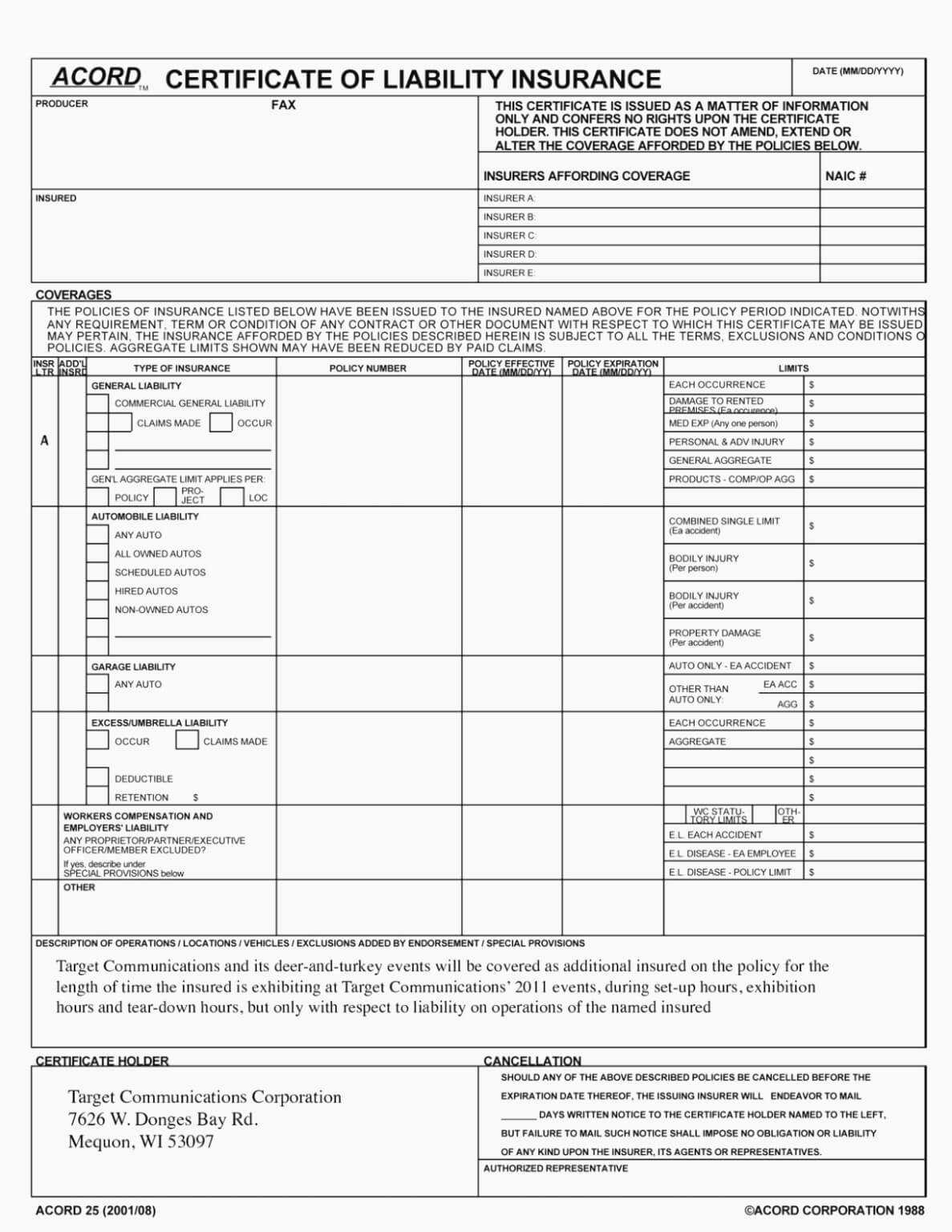 Acord 25 Fillable 2016 Elegant Accord Form – Free Fillable Regarding Acord Insurance Certificate Template