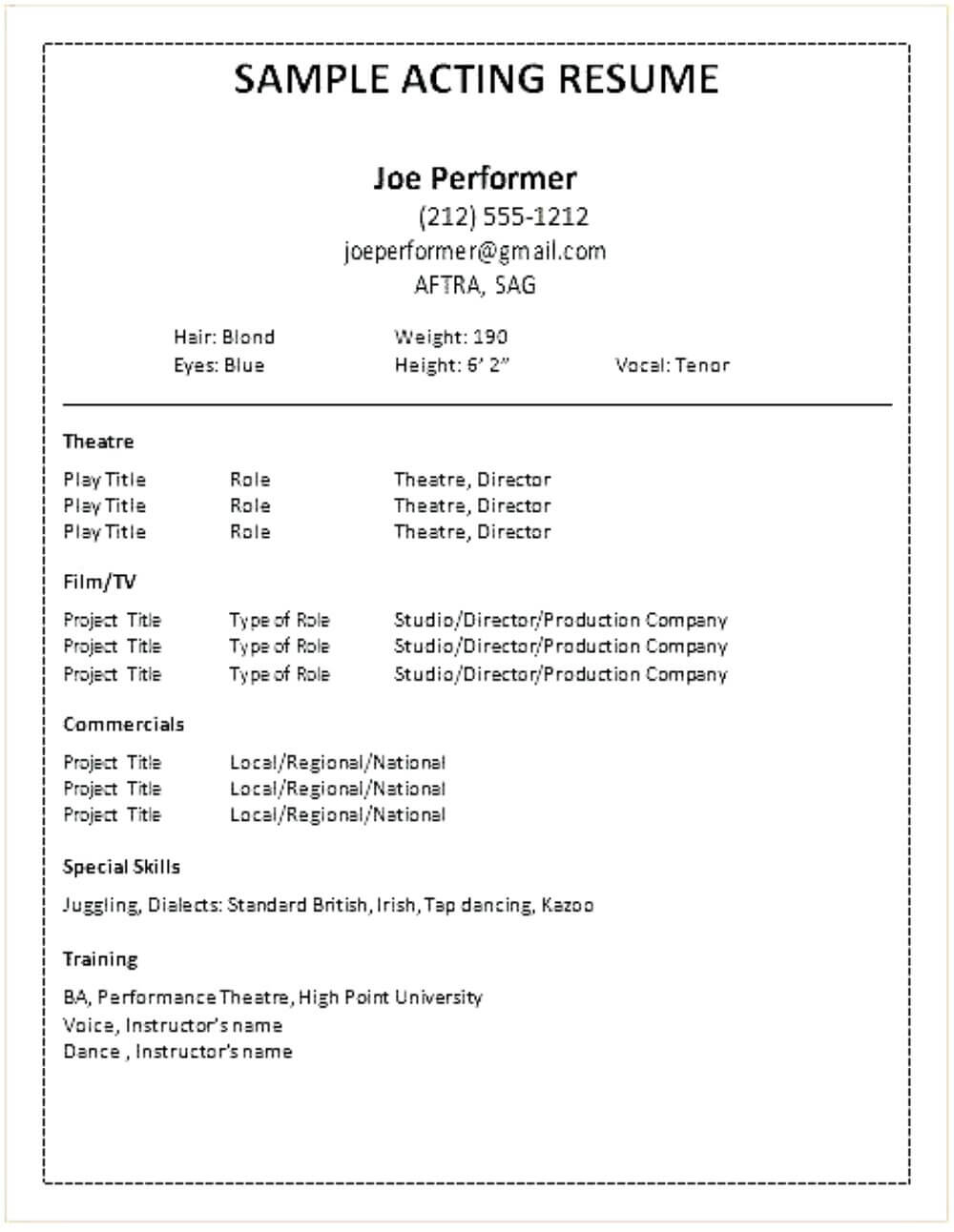 Acting Resume Template For Word Professional Create In Cv Inside Theatrical Resume Template Word