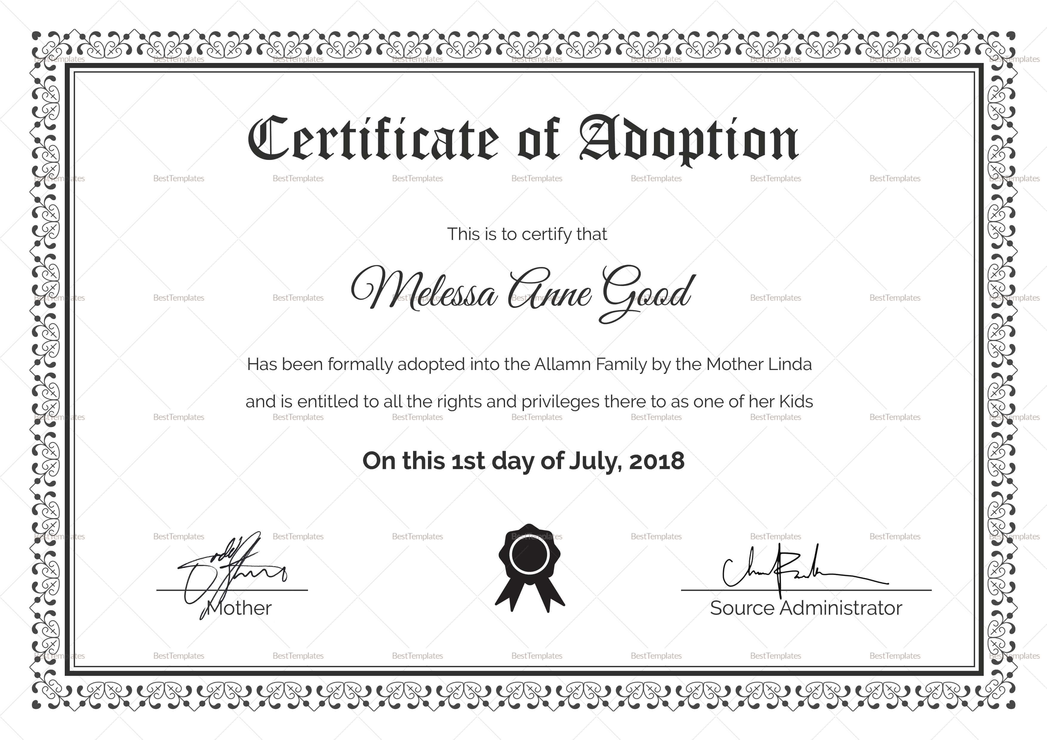 Adoption Certificate Design Template For Blank Adoption Certificate Template