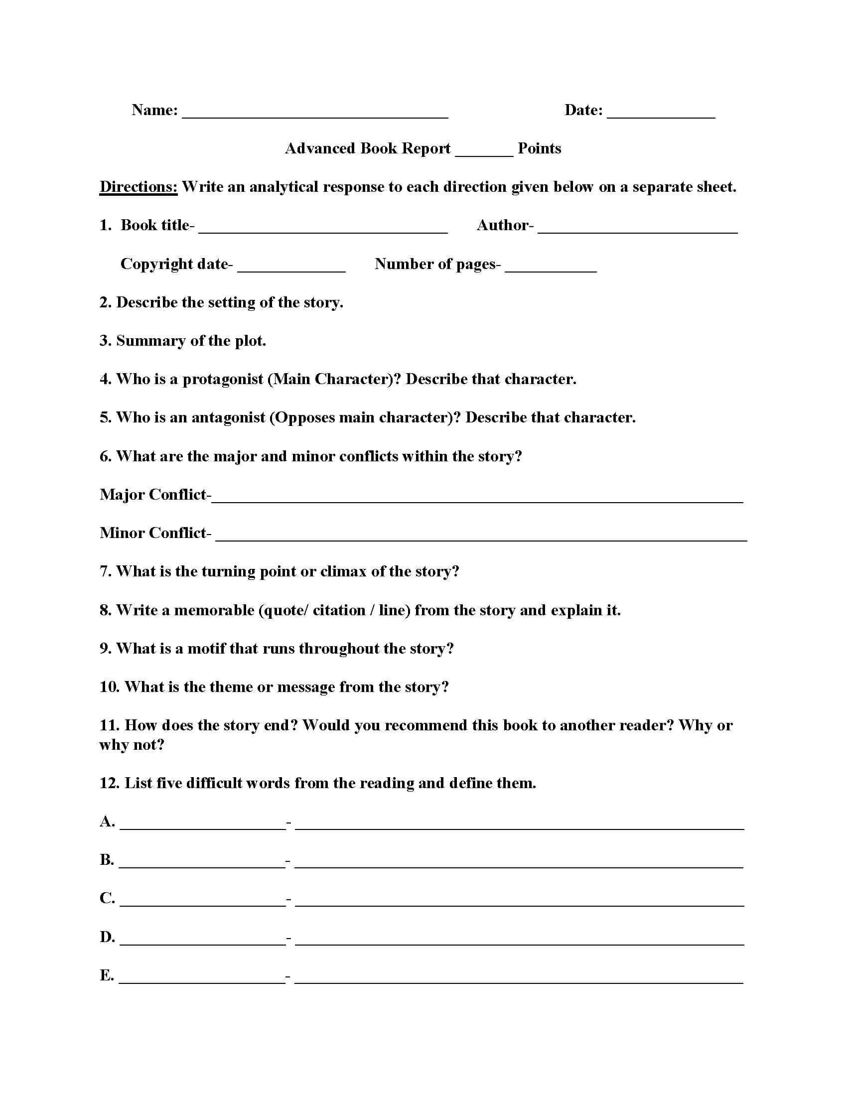 Advanced Book Report Worksheets | English | Book Report With Book Report Template In Spanish