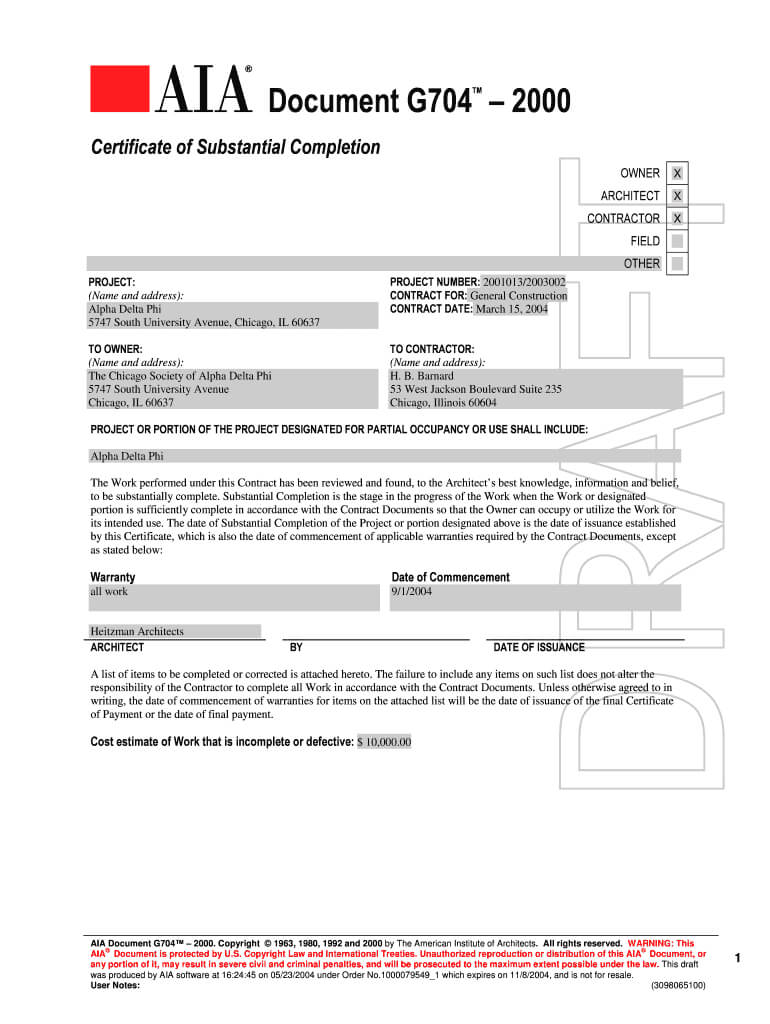 Aia G704 – Fill Online, Printable, Fillable, Blank | Pdffiller Intended For Certificate Of Substantial Completion Template