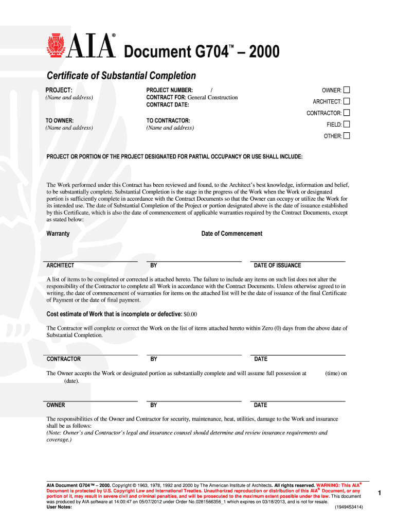 Aia Substantial Completion Certificate – Fill Online For Certificate Of Substantial Completion Template