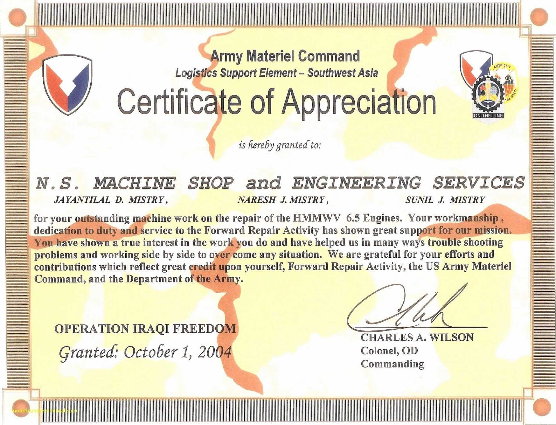 Army Certificate Of Appreciation – Climatejourney For Army Certificate Of Completion Template