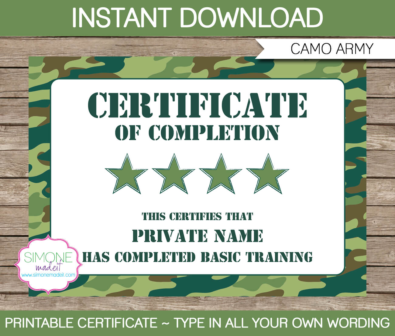 Army Party Printables, Invitations & Decorations – Camo Within Boot Camp Certificate Template