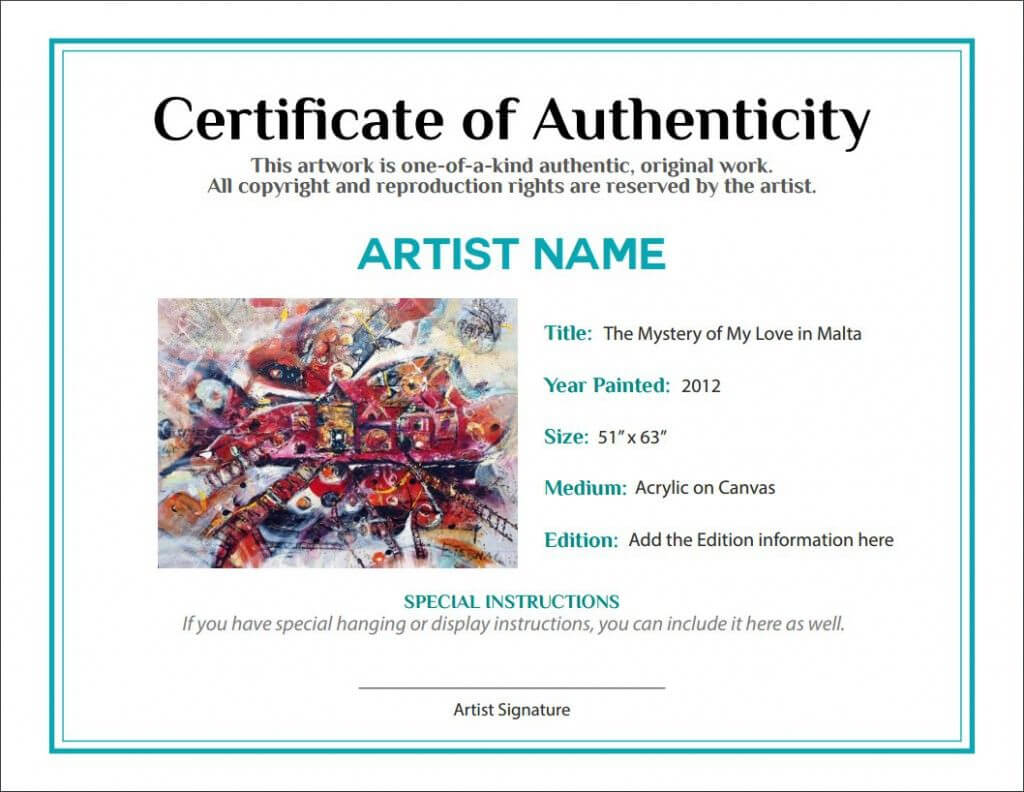 Artwork Bill Of Sale And Letter Of Authenticity | L'art In Regarding Photography Certificate Of Authenticity Template