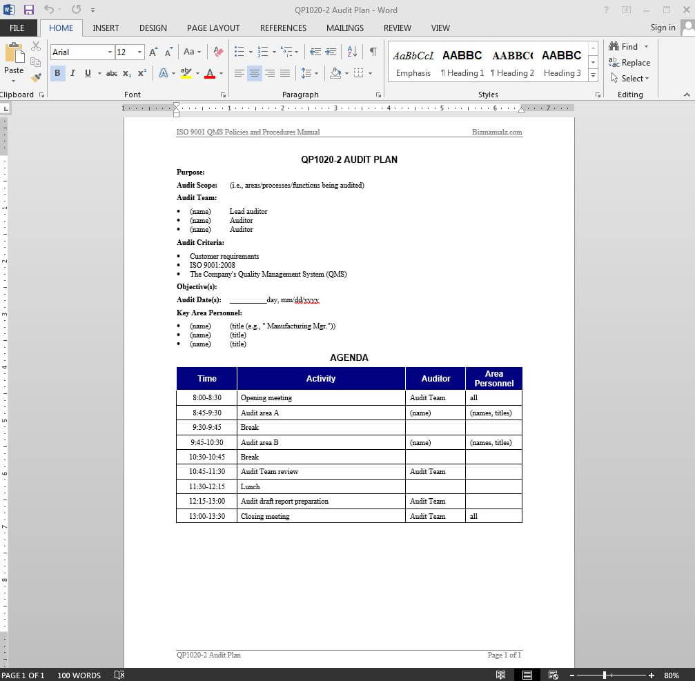 Audit Plan Iso Template | Qp1020 2 Intended For Iso 9001 Internal Audit Report Template