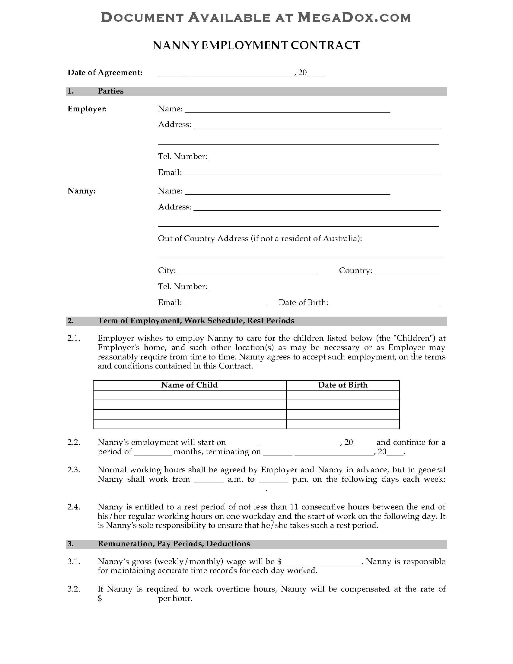 Australia Nanny Employment Contract Intended For Nanny Contract Template Word