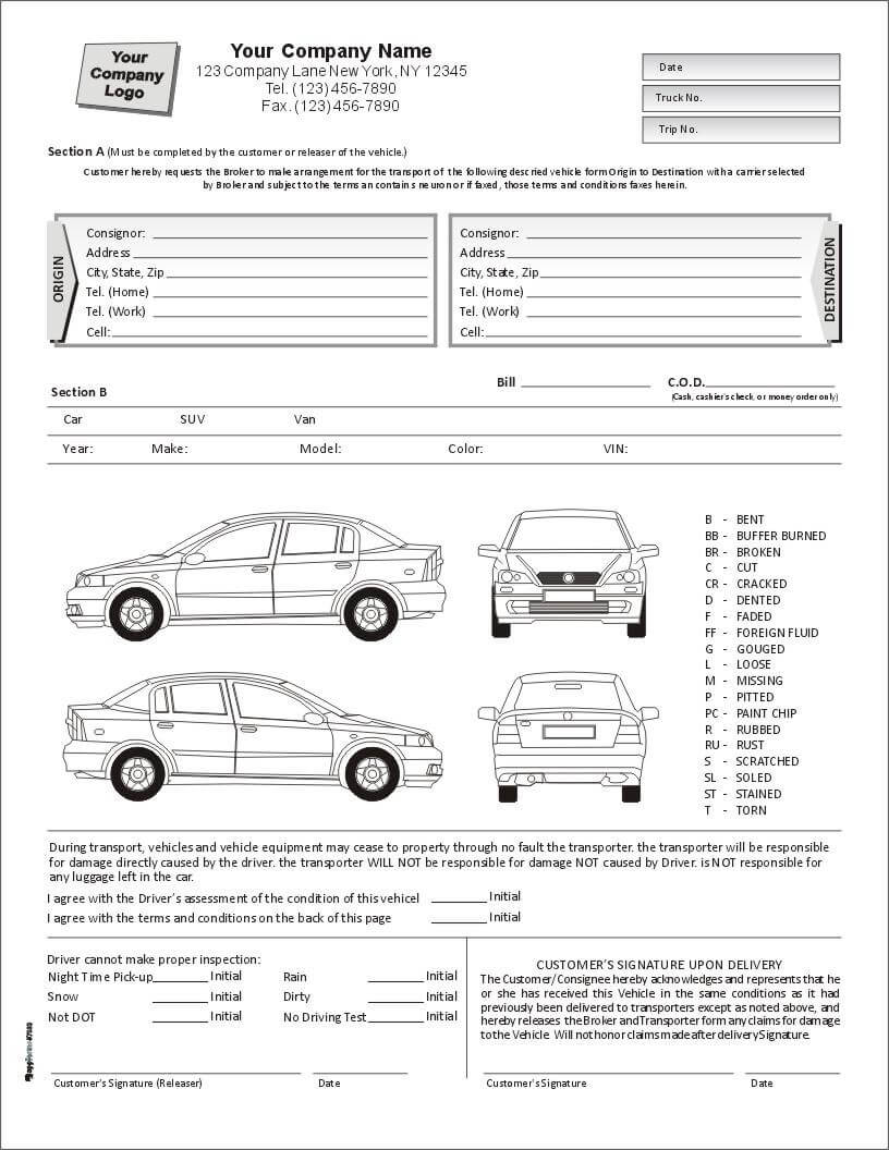 Auto Condition Report Form With Terms On Back, Item #7563 Inside Truck Condition Report Template