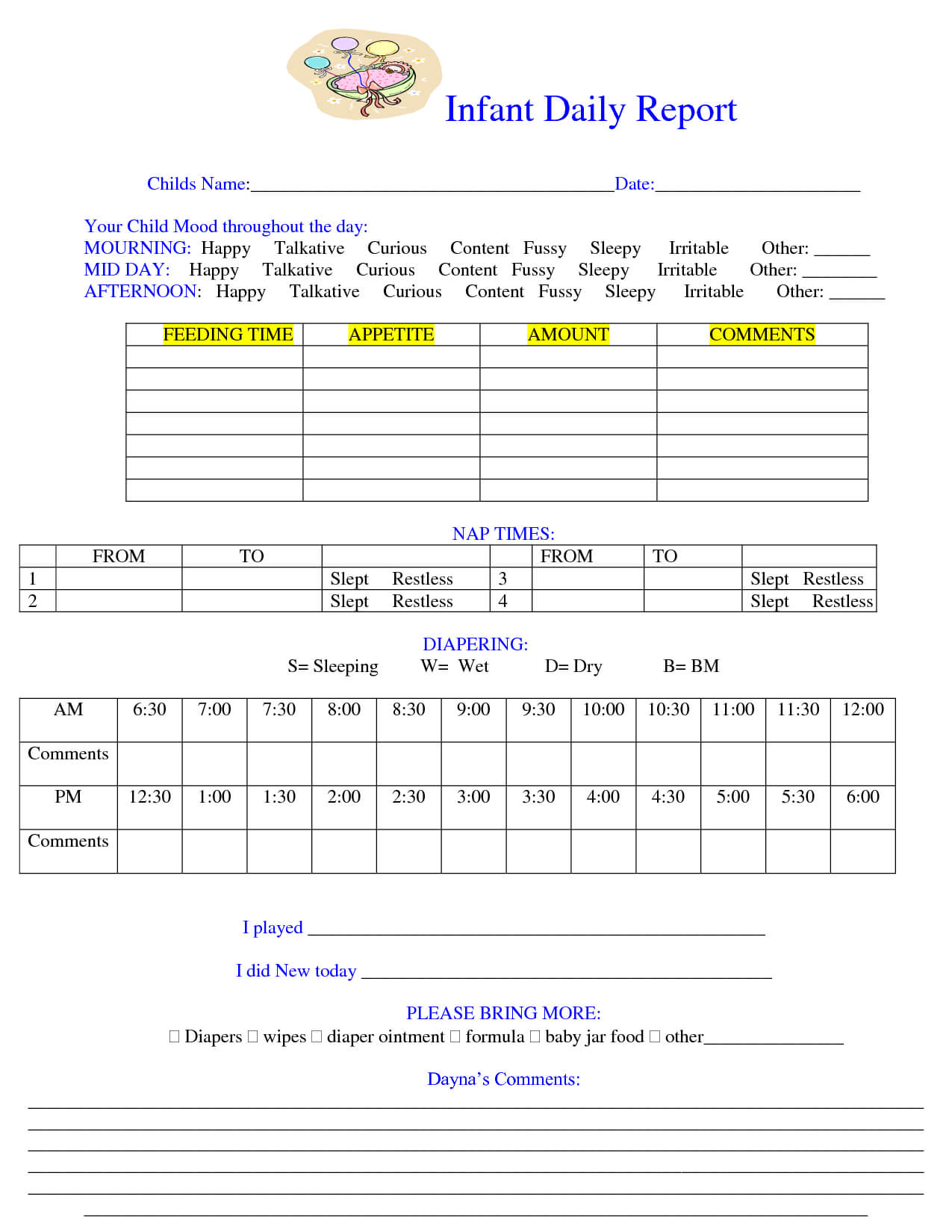 Baby Daily Sheet | Infant Daily Report – Download As Doc Throughout Daycare Infant Daily Report Template