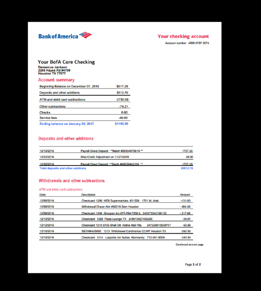 Bank, Statement, Bank America, Template, Income, Earnings Regarding Blank Bank Statement Template Download