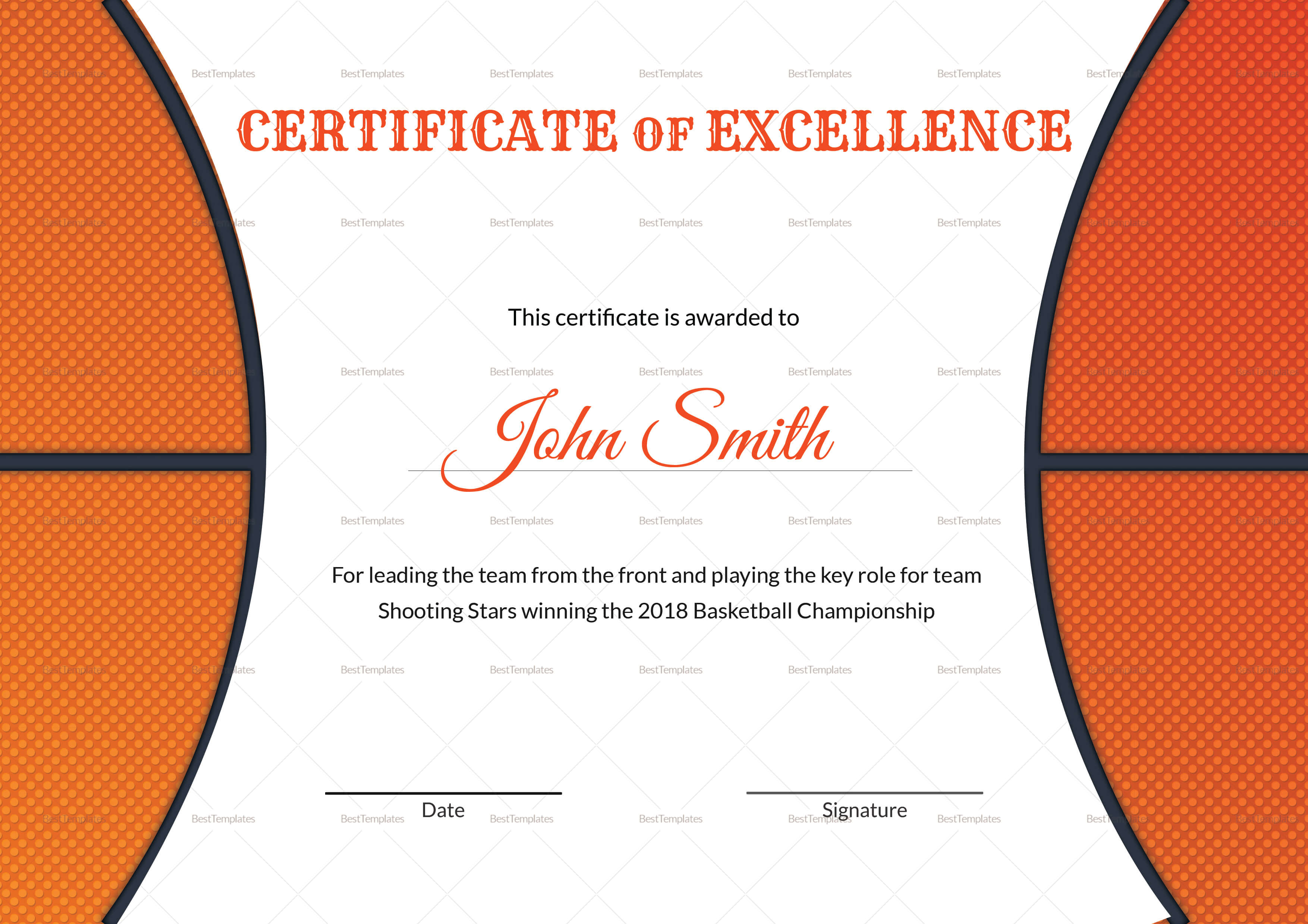 Basketball Excellence Award Certificate Template Inside Basketball Certificate Template