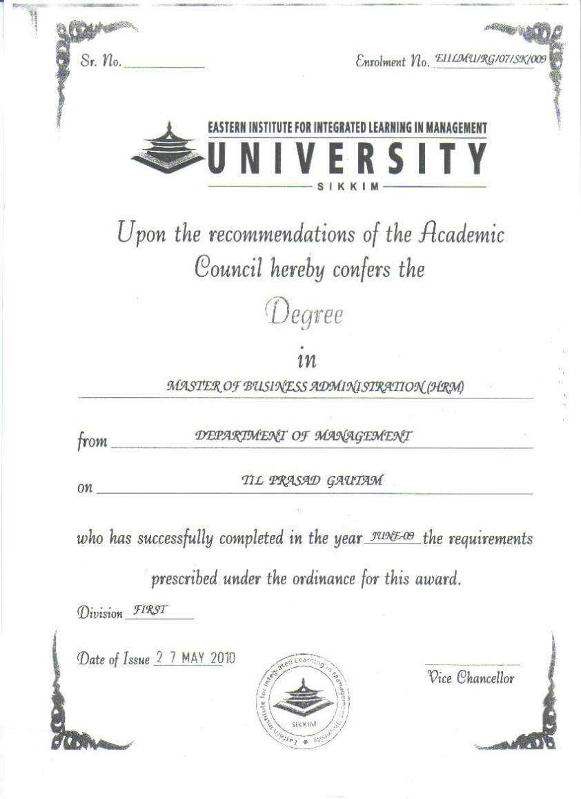 Bcom Certificate Format Sample Eiilm University Degree 2019 Throughout University Graduation Certificate Template