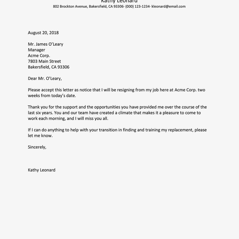 Best Resignation Letter Examples Within 2 Weeks Notice Template Word