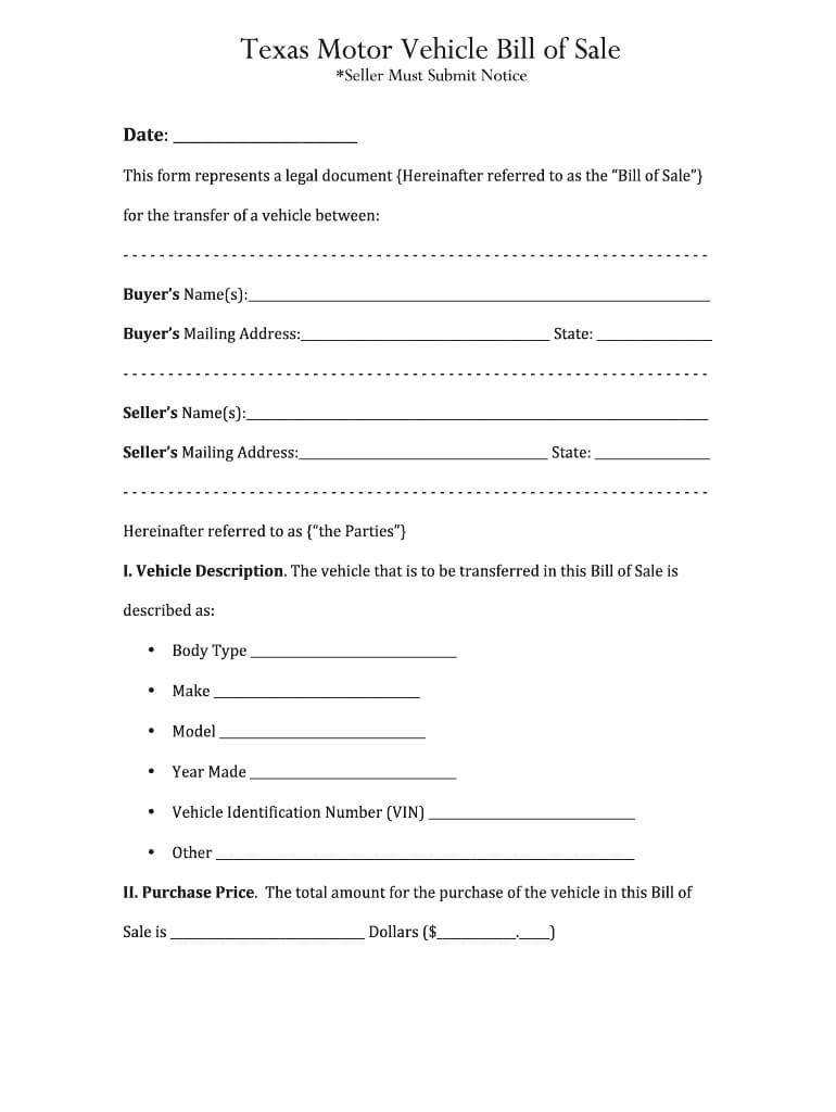 Bill Of Sale Texas – Fill Online, Printable, Fillable, Blank Intended For Vehicle Bill Of Sale Template Word