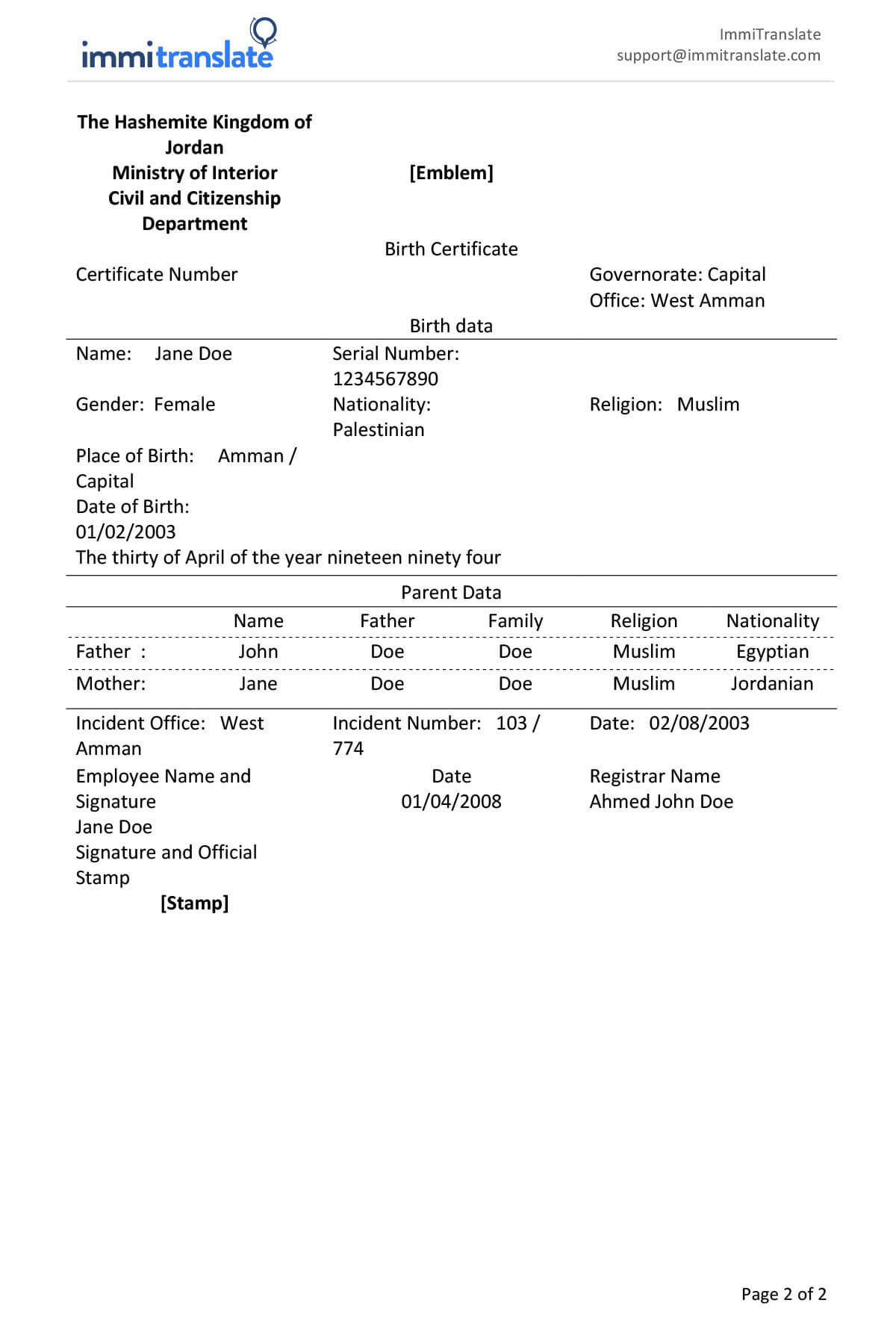 Birth Certificate Translation | Immitranslate Intended For Uscis Birth Certificate Translation Template