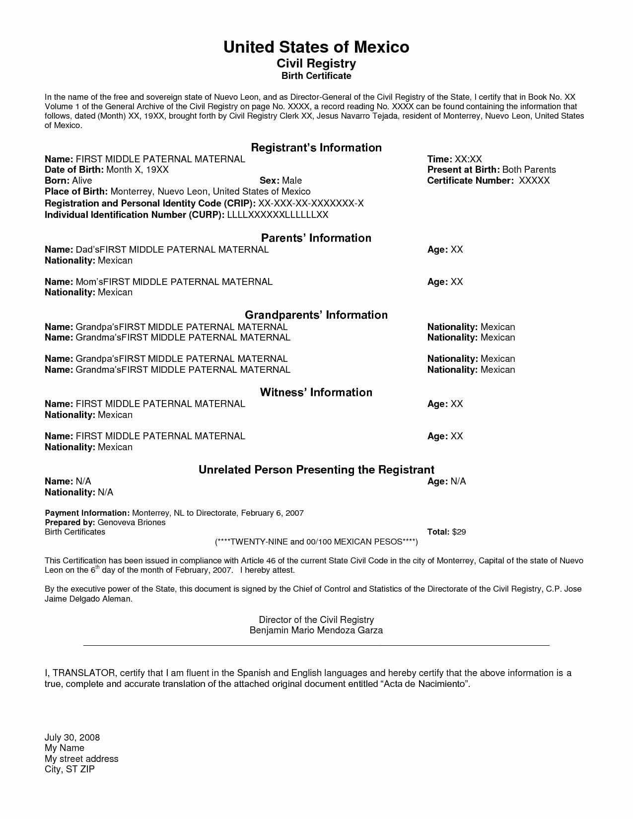 Birth Certificate Translation Uscis Basic 20 Unique Image Intended For Spanish To English Birth Certificate Translation Template