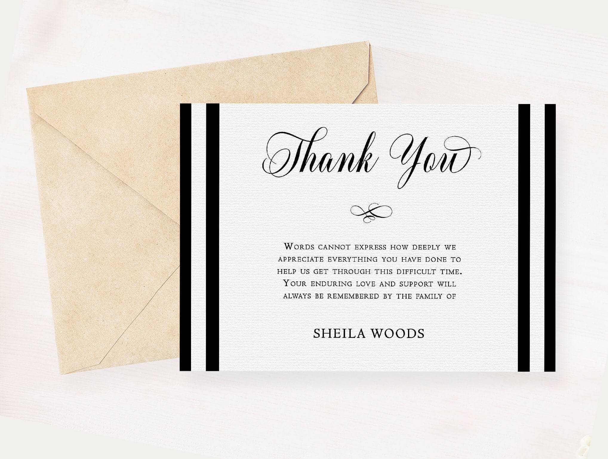 Black & White Sympathy Thank You Card Memorial Service Editable Template  Obituary Service Microsoft Word Template Acknowledgement Card Within Sympathy Thank You Card Template