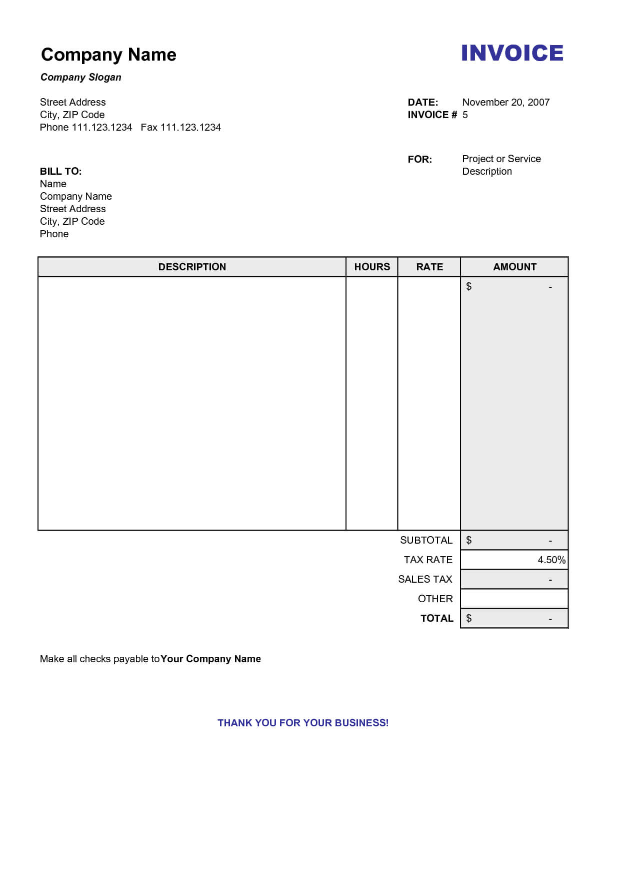 Blank Billing Invoice | Scope Of Work Template | Printable Within Free Printable Invoice Template Microsoft Word